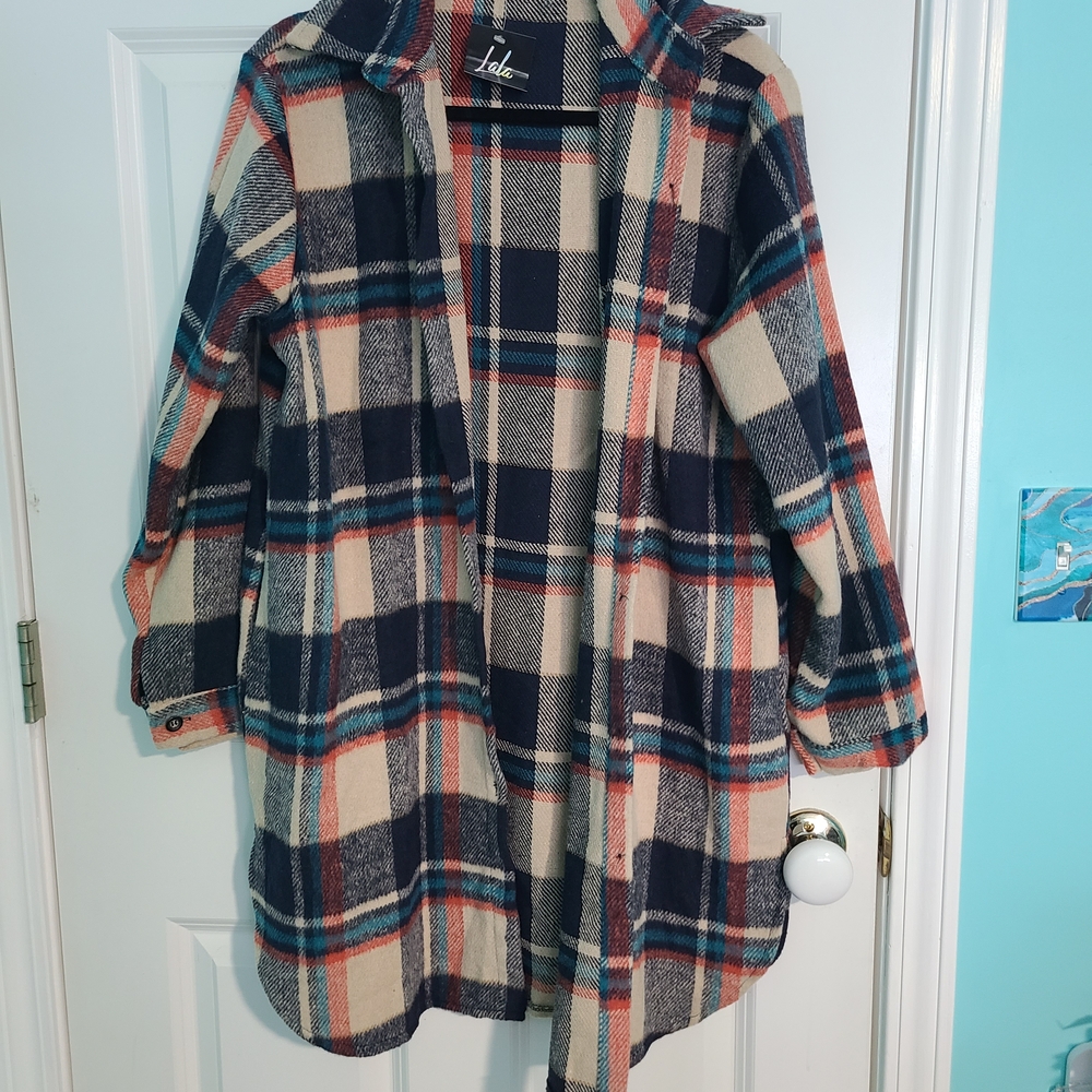 Dressed in LALA Plaid Pea Coat in Navy, Cream & Teal